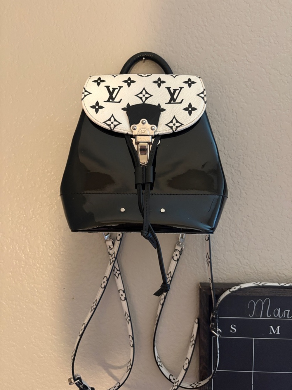 Louis Vuitton Black Patent & White Monogram Mini Backpack